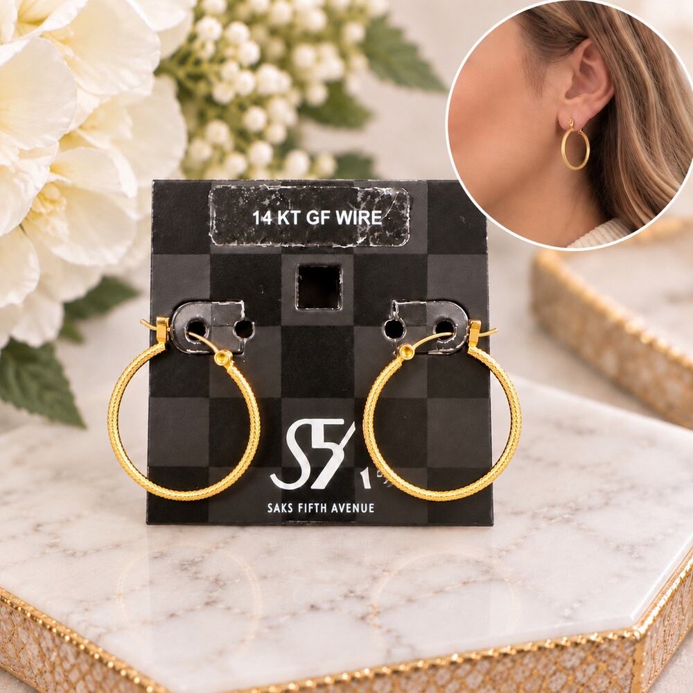 Saks fifth Avenue gold hoop earrings 14 gf post. Classic feminine NWT beautiful